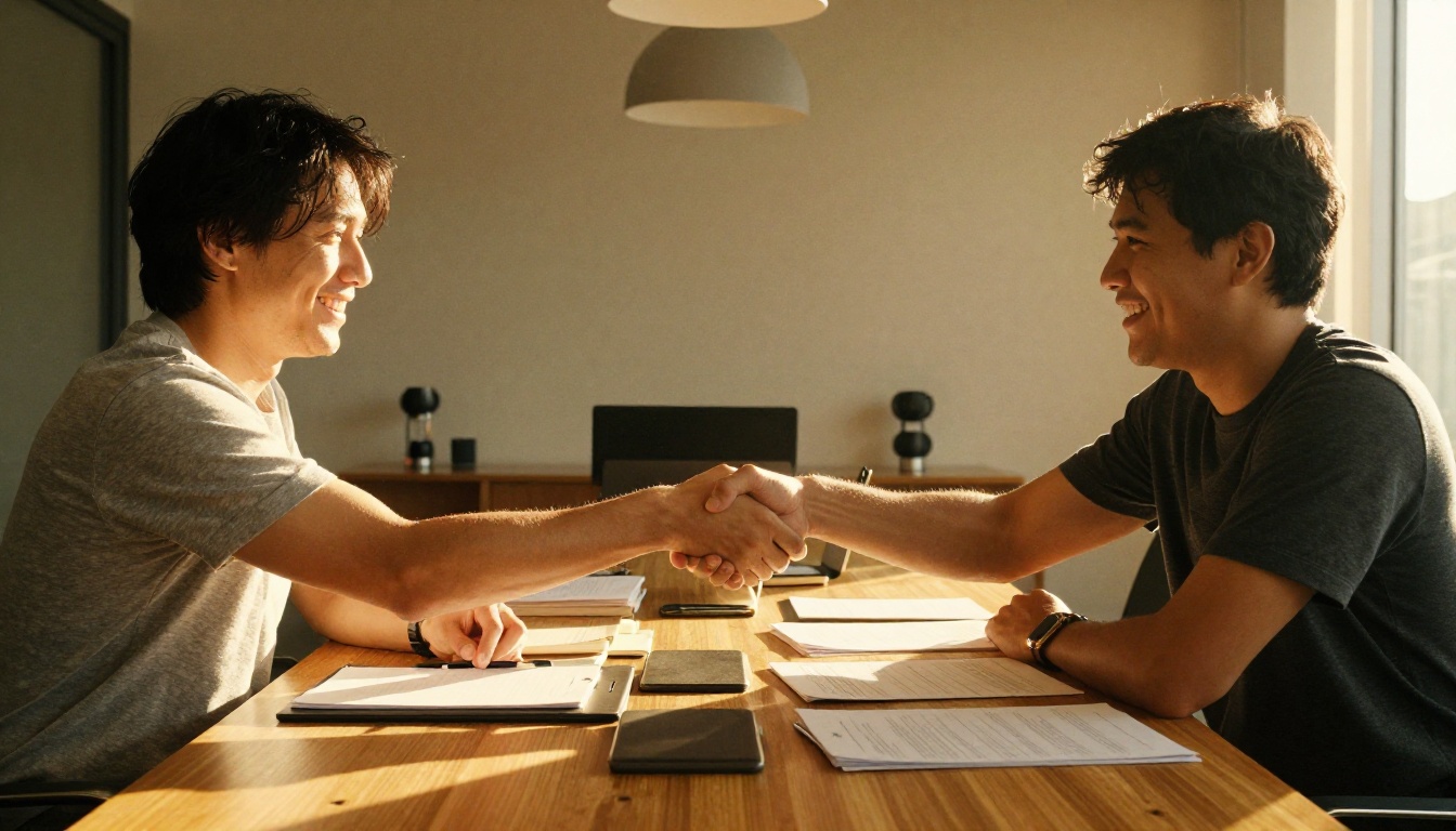 Investor and founder shaking hands in a sunlit meeting room Investor and founder shaking hands in a sunlit meeting room