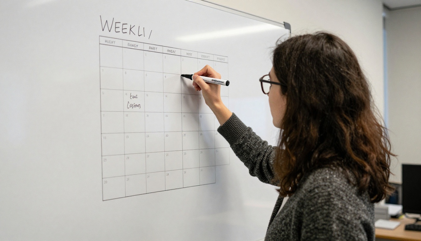Content strategist writing a weekly posting calendar on a whiteboard Content strategist writing a weekly posting calendar on a whiteboard