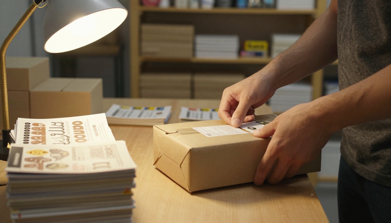 Small business owner packing a parcel beside printed catalogs and brochures