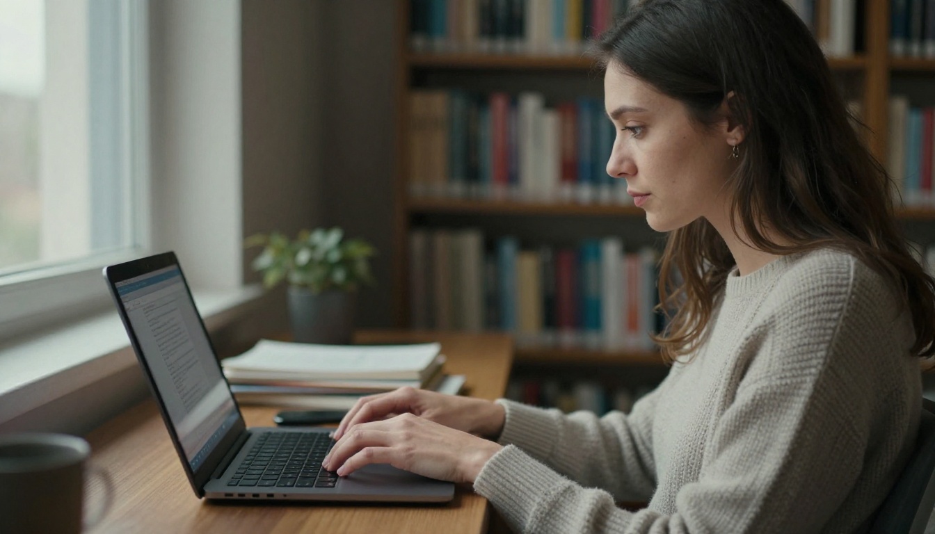 Woman typing a post on a laptop in a quiet library Woman typing a post on a laptop in a quiet library