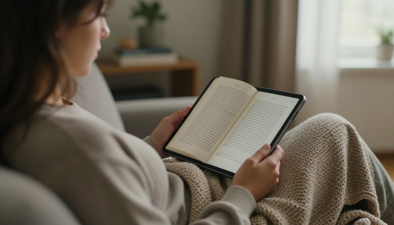 Woman reader holding a tablet with a book preview