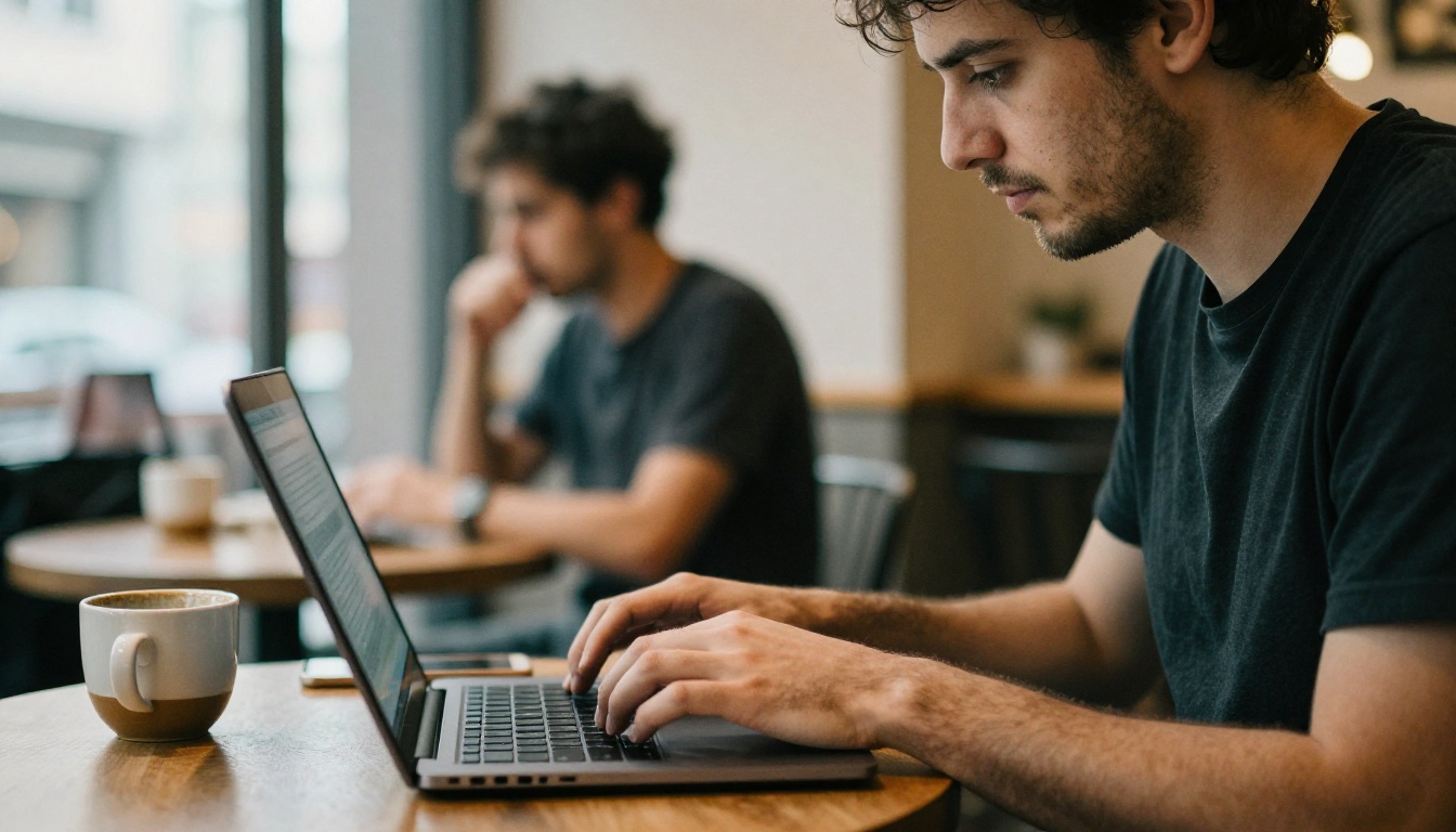 Author typing an email to reviewers at a cafe table