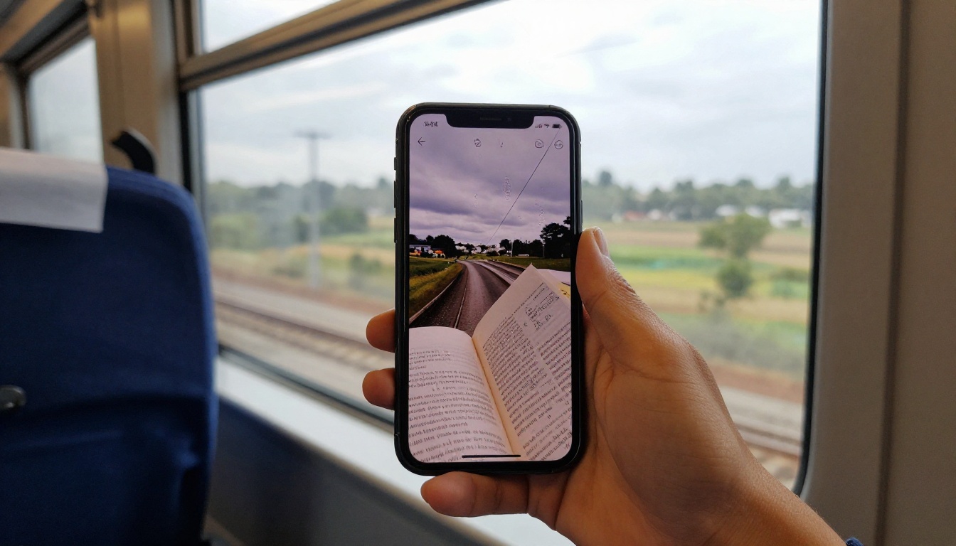 Over-the-shoulder view of a phone showing an open book on a train