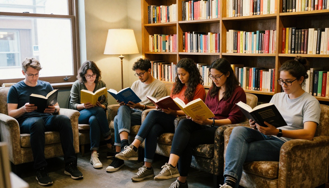 Group of readers holding books in a bookshop reading corner