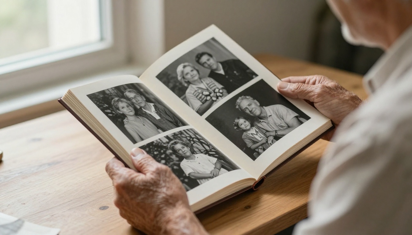 Weathered hands holding an open family memoir with old photographs