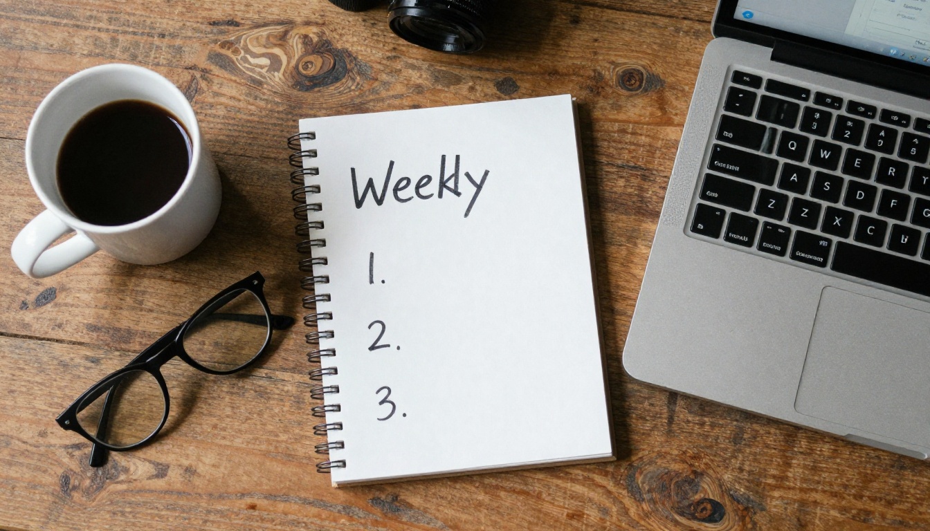 Overhead view of a weekly question card, coffee and laptop on a wooden table