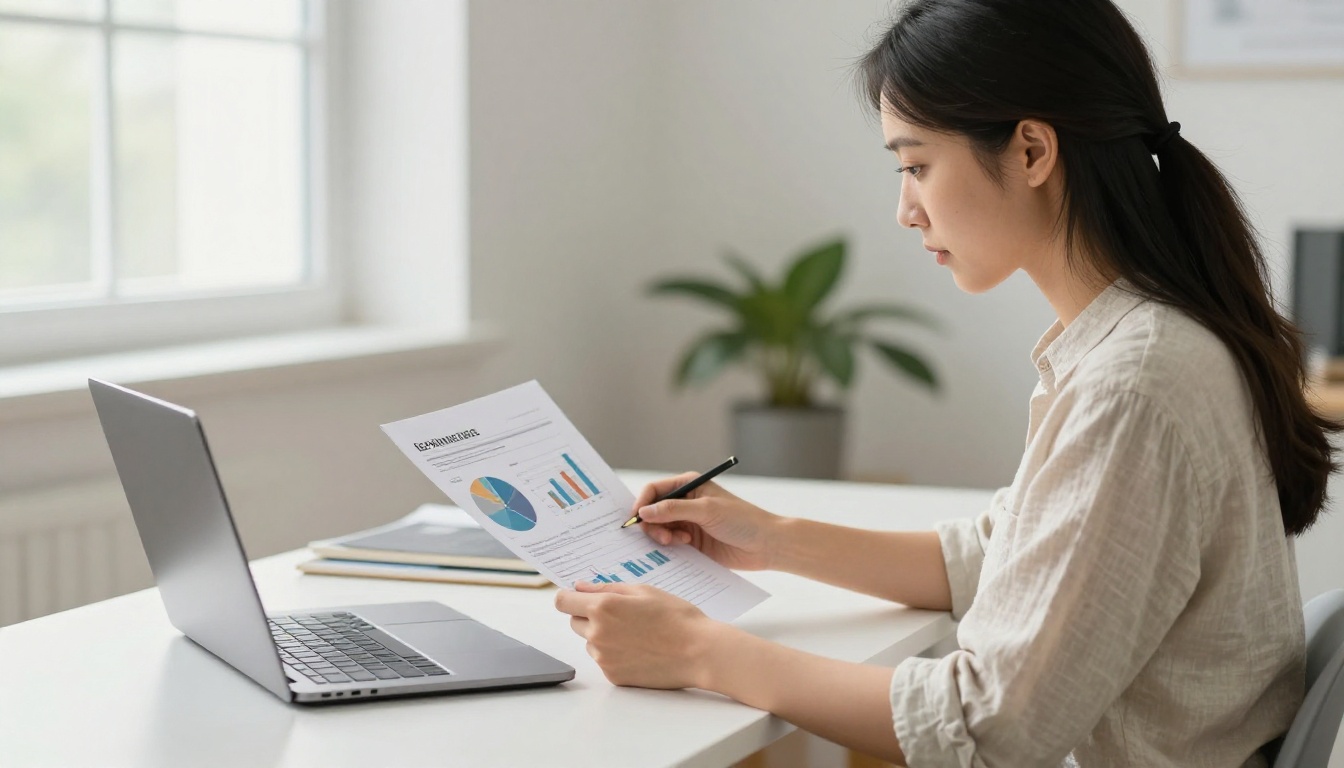 Woman author reviewing printed analytics charts beside a laptop