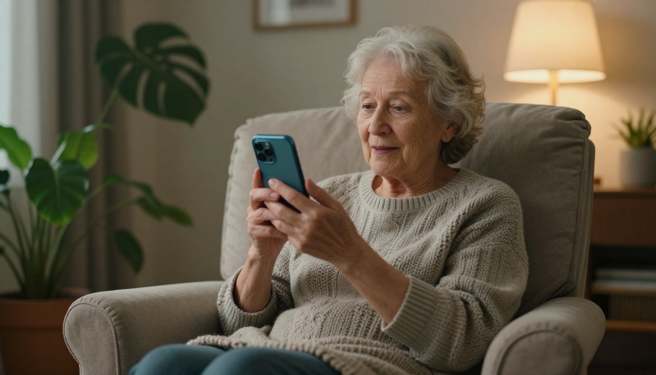 Elderly woman speaking into a phone propped on a stand in an armchair