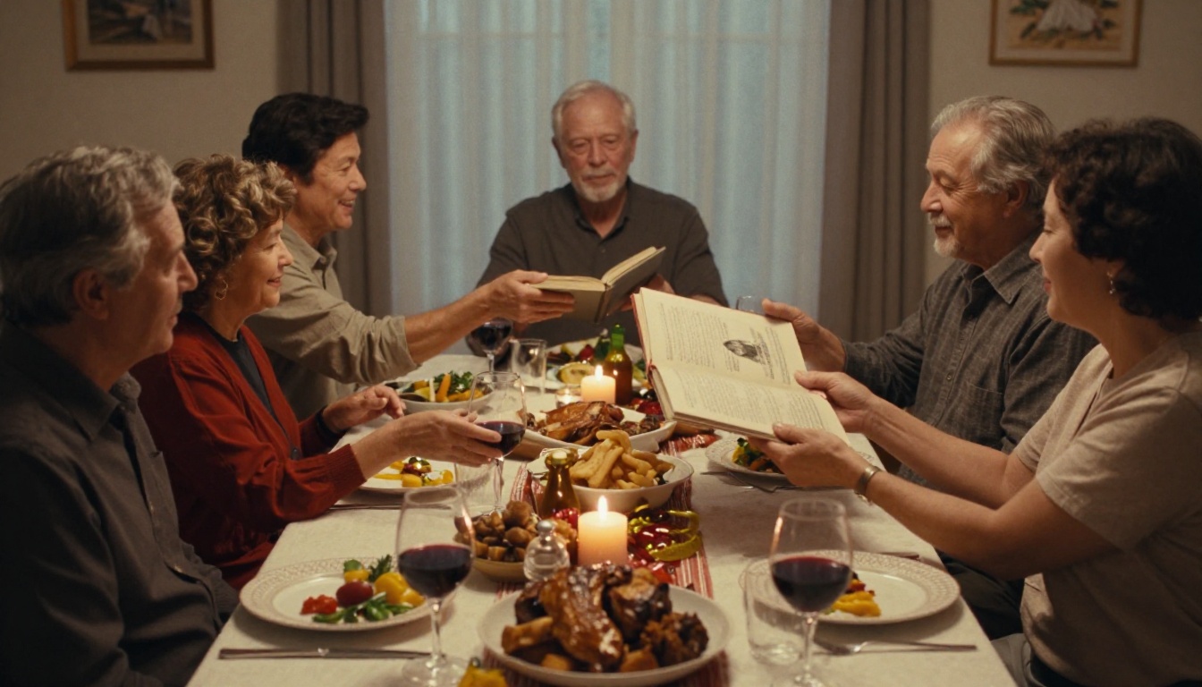 Three generations around a holiday dinner table passing a printed book