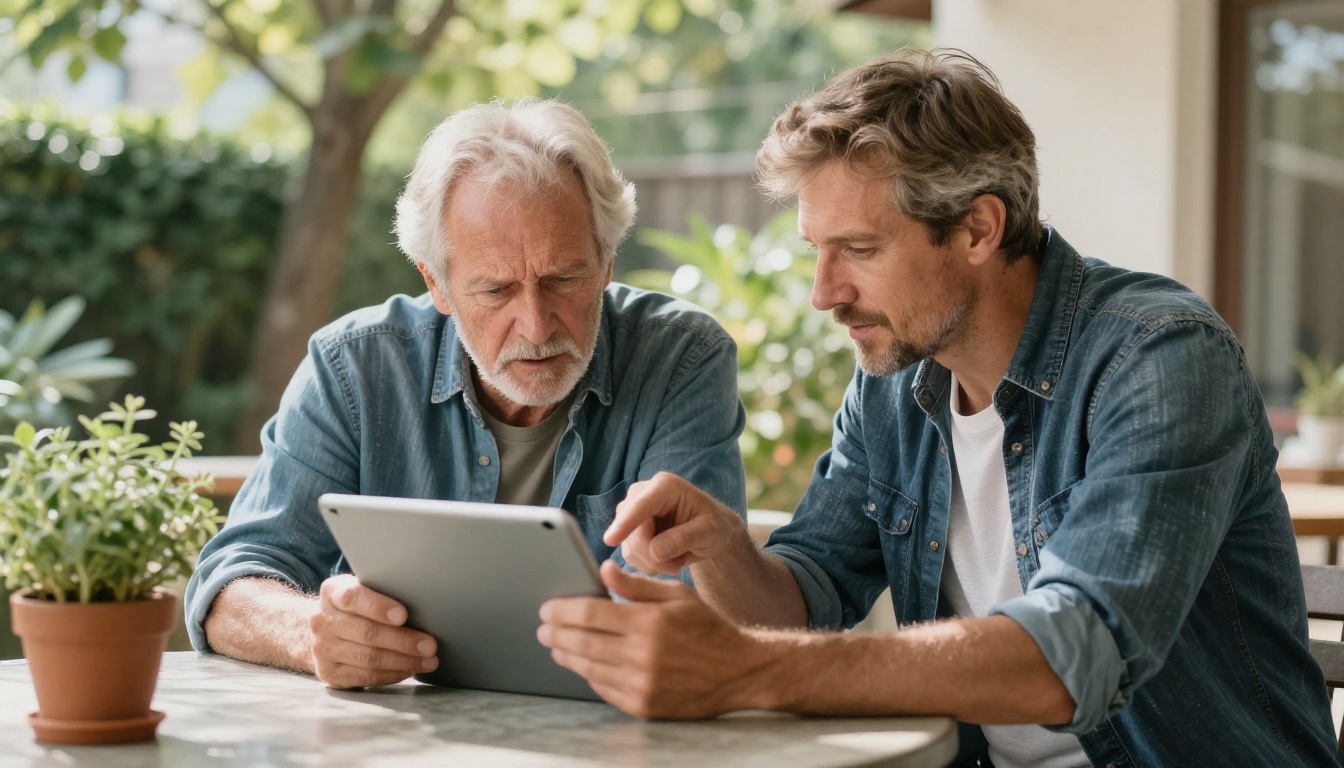 Wide shot of an older man with a tablet while his son points at the screen