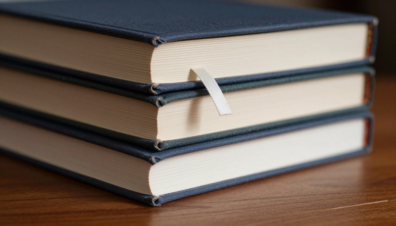 Close-up of three hardcover keepsake books stacked on a walnut shelf