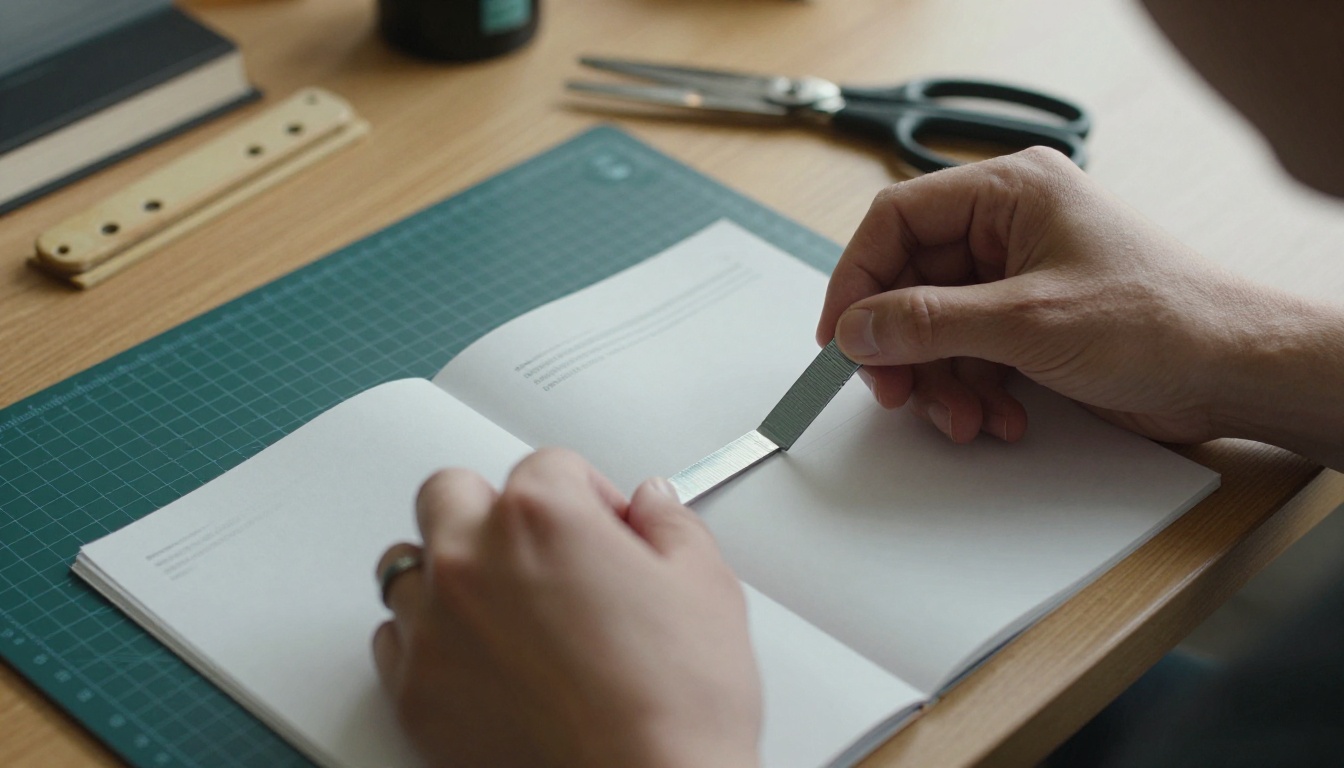 A designer's hands stapling a small tabletop RPG zine