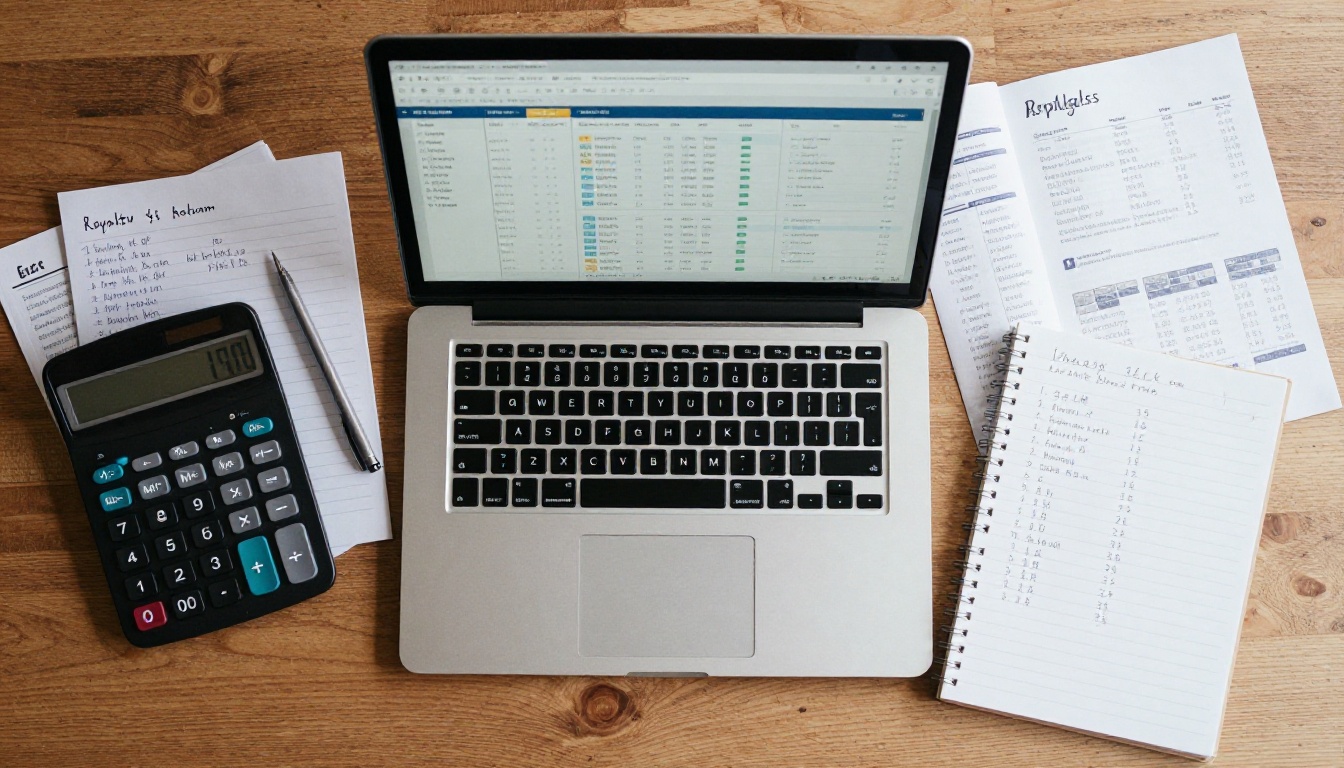 Overhead view of a desk with a laptop, calculator and notebook used to plan zine revenue