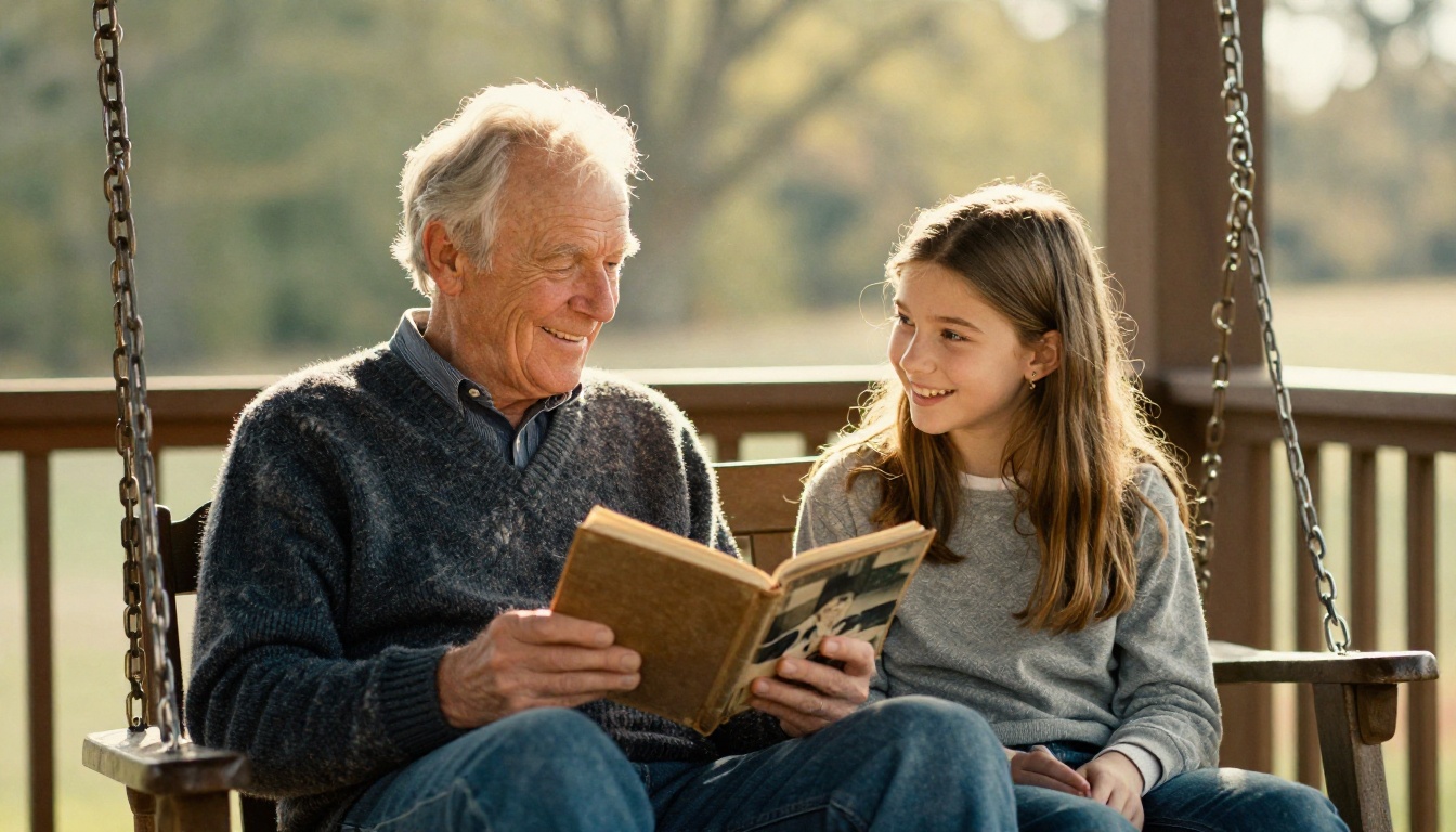 Grandfather and teenage granddaughter laughing on a porch swing with an old album