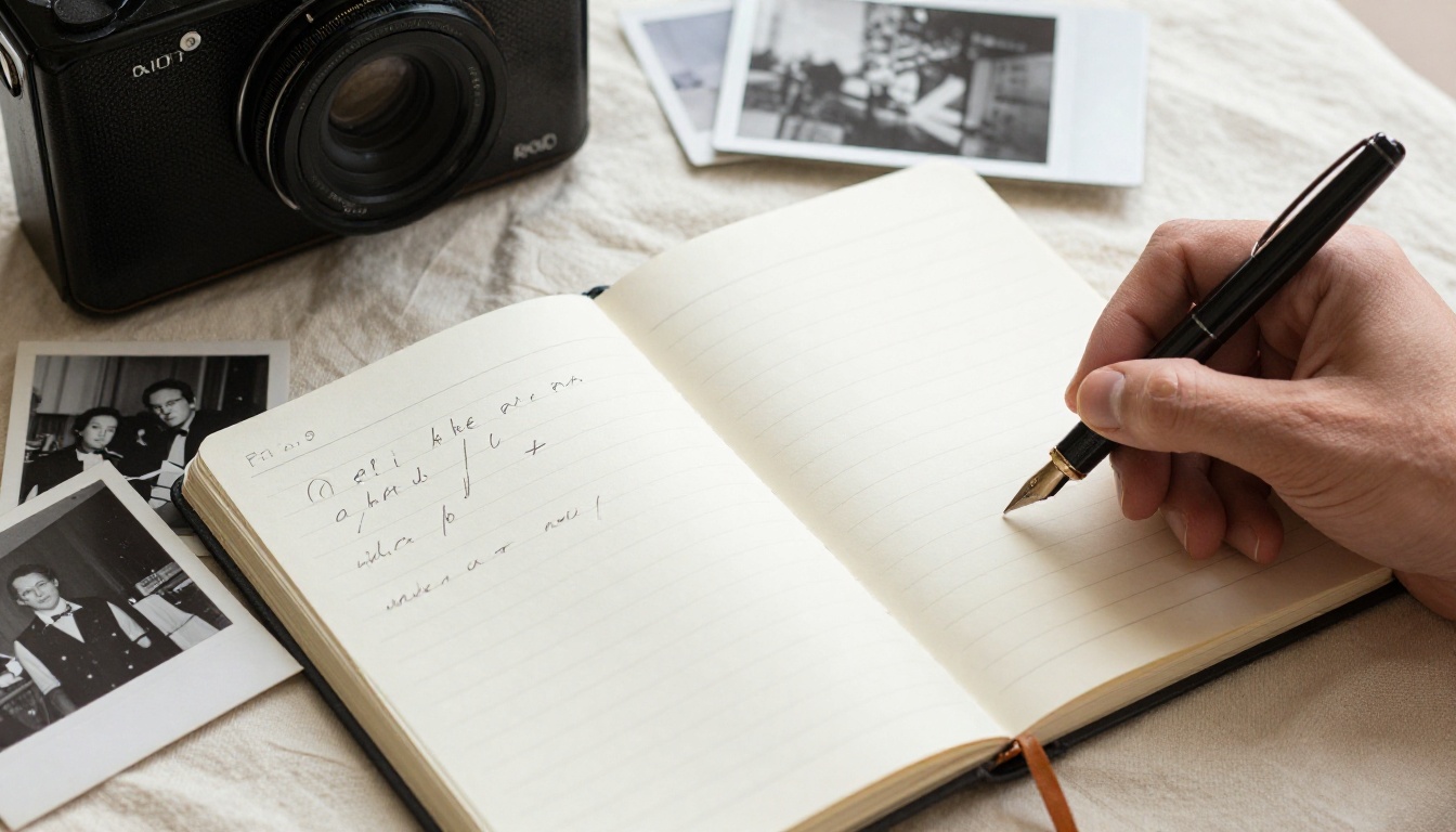 Handwritten notebook, fountain pen, old photographs and a small recorder on linen