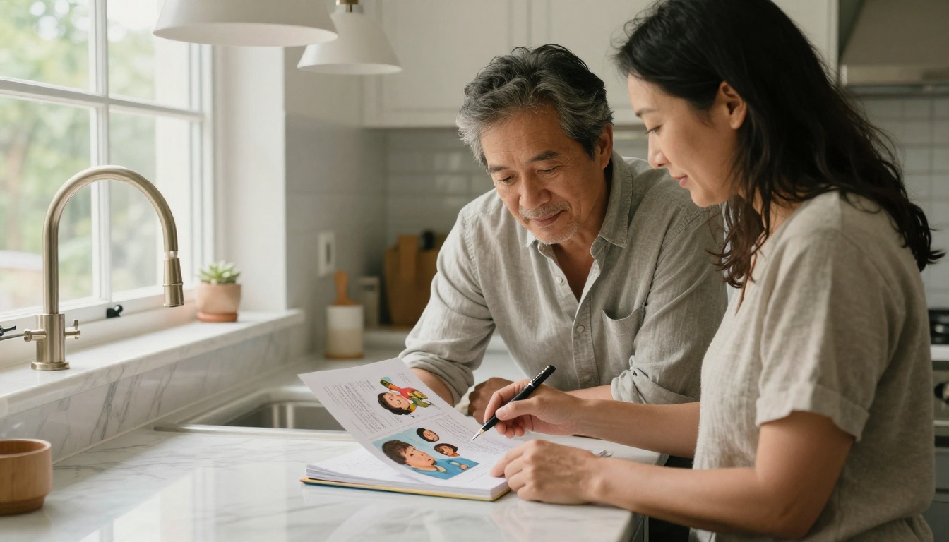 Couple at a kitchen island reviewing a printed proof of a family story book
