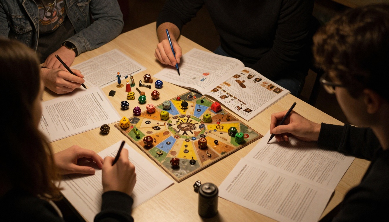 Friends playing a tabletop RPG around a table with a zine open as the rulebook