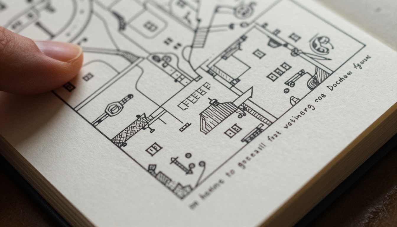 A macro shot of a printed zine page with dungeon map linework