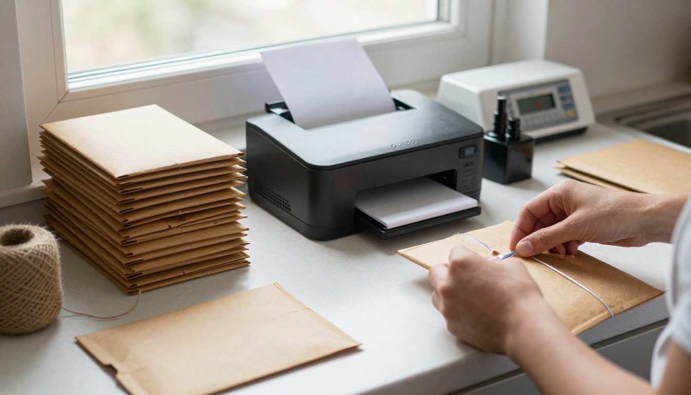 A kitchen table packaging station with stacked zines and mailers