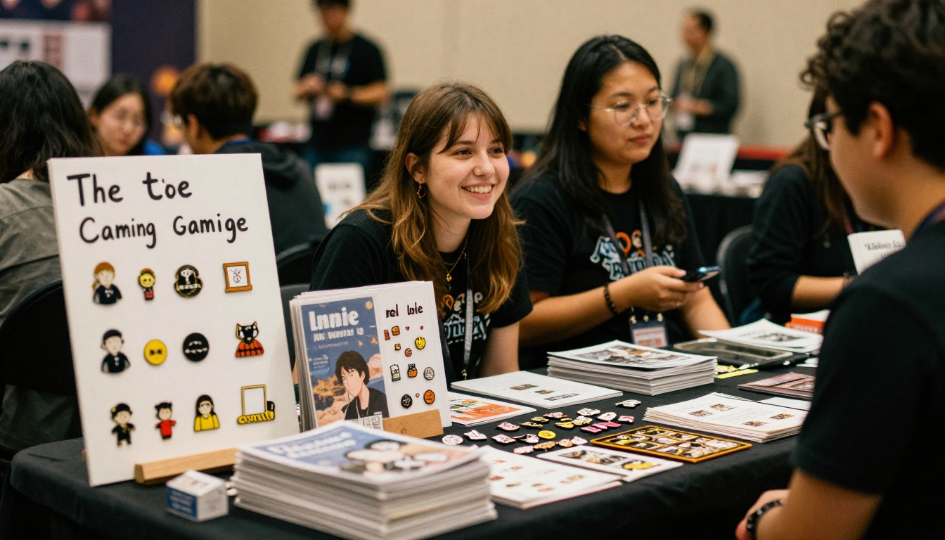 A convention table stacked with indie zines and a smiling seller