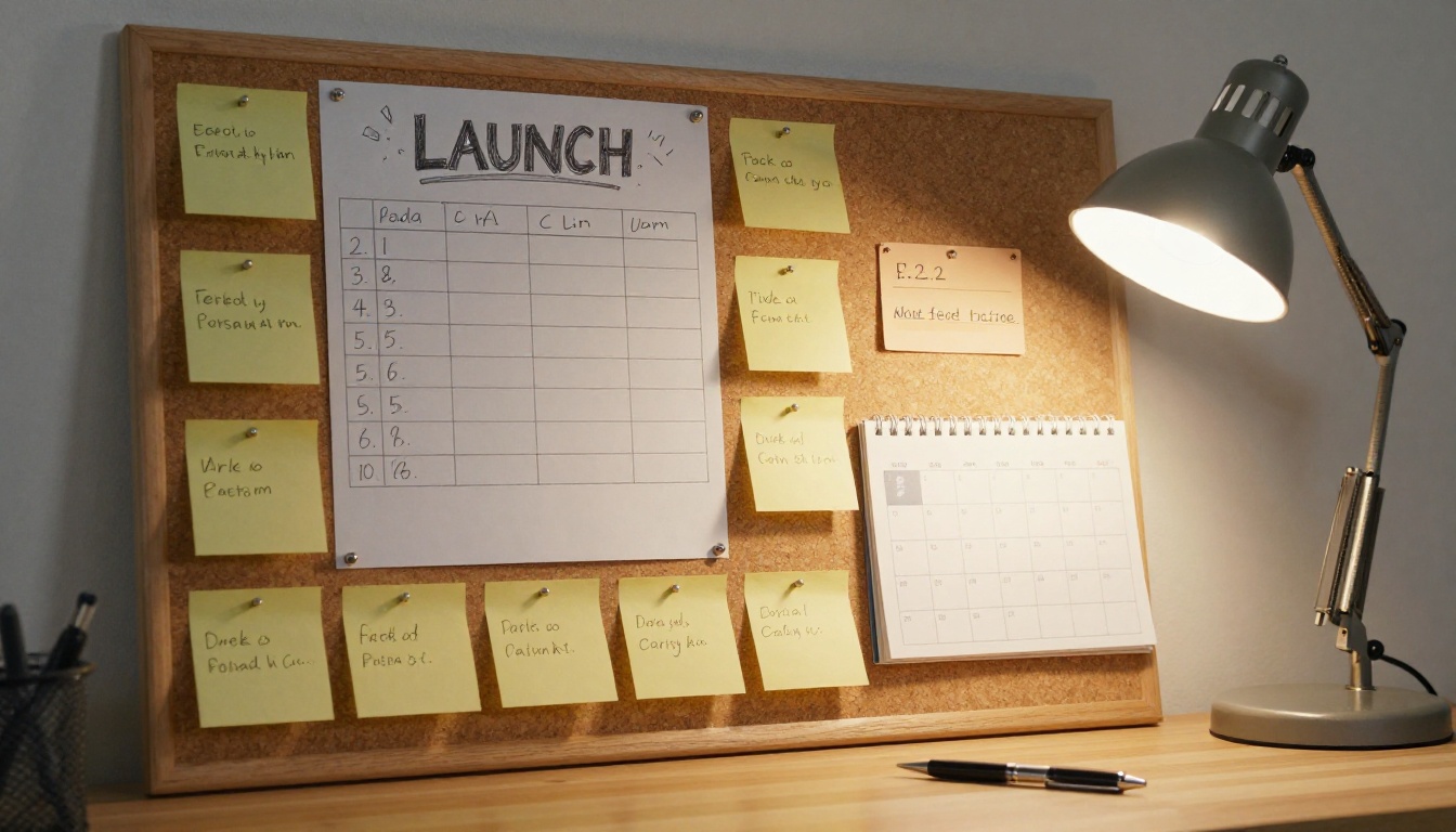 A pinned corkboard with a launch checklist, notes and a calendar