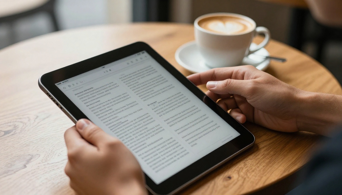 A person reading a long text document on a tablet at a sunlit cafe table A person reading a long text document on a tablet at a sunlit cafe table
