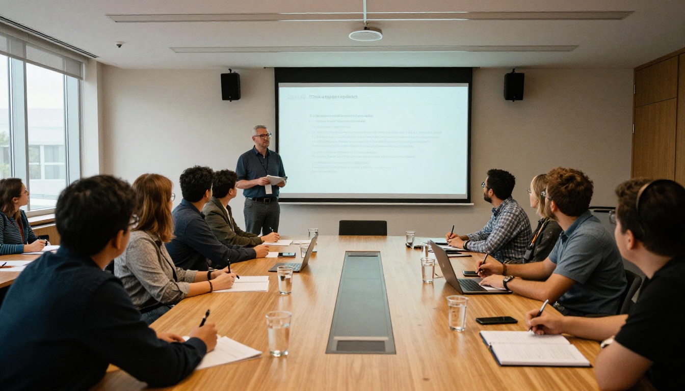 A conference room with a presenter beside a projected slide deck and attendees taking notes A conference room with a presenter beside a projected slide deck and attendees taking notes