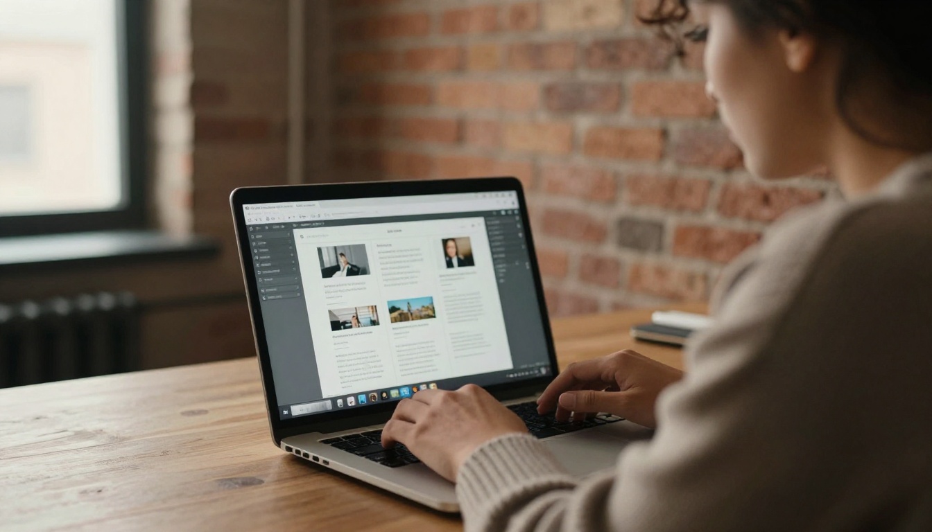 A designer scrolling through a PDF portfolio on a laptop in a loft studio A designer scrolling through a PDF portfolio on a laptop in a loft studio