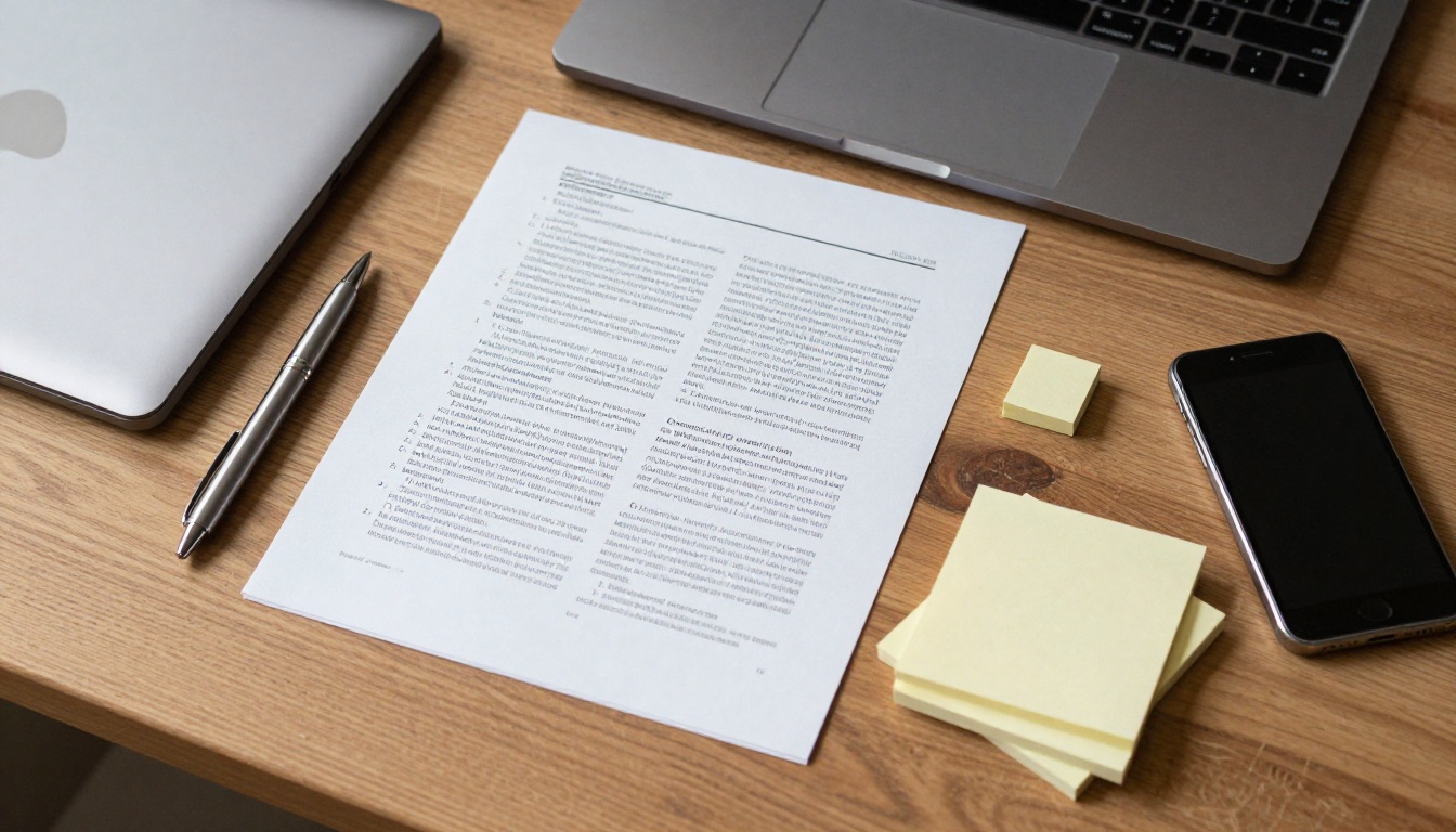 A flat lay of a printed report, a smartphone showing a document page and sticky notes on a wooden desk A flat lay of a printed report, a smartphone showing a document page and sticky notes on a wooden desk