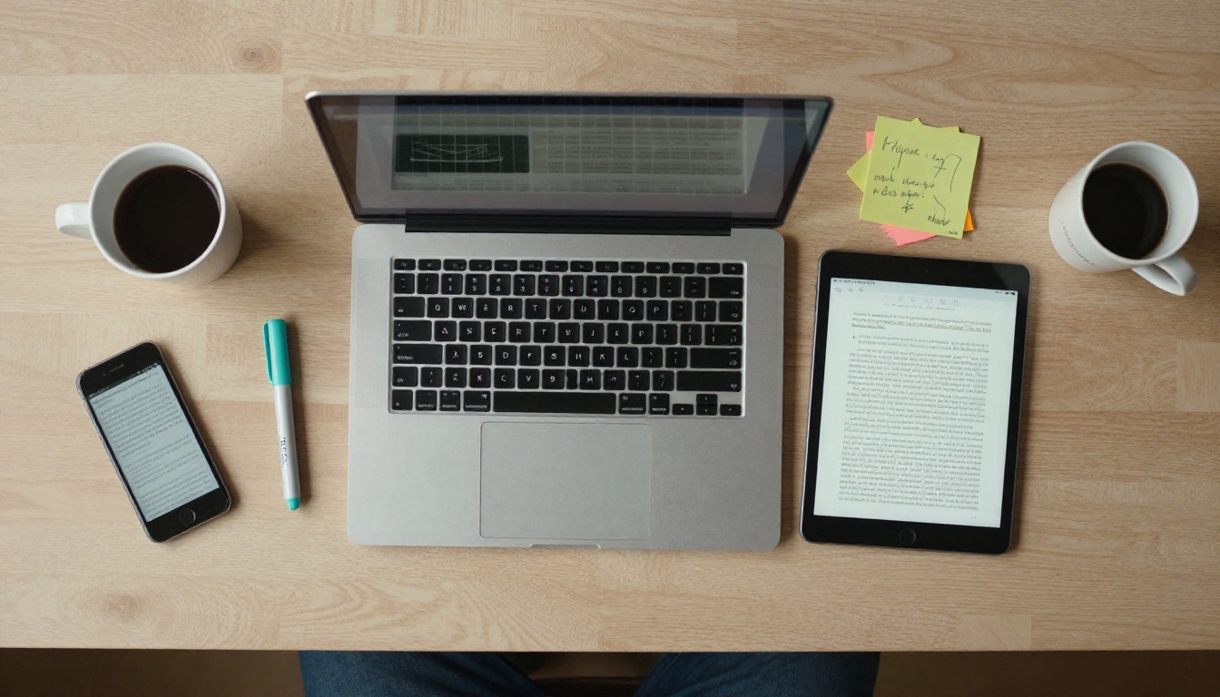 Laptop, phone, and tablet showing a digital reading side by side