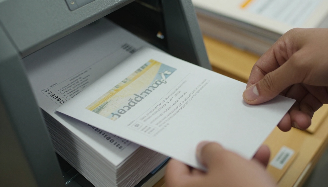 Hands feeding printed catalogs into mailing envelopes at a stuffing station
