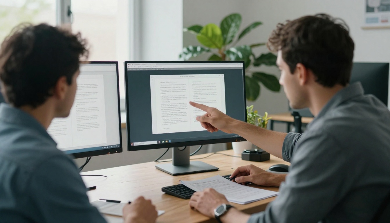 Two colleagues comparing two documents on a monitor in a modern office Two colleagues comparing two documents on a monitor in a modern office