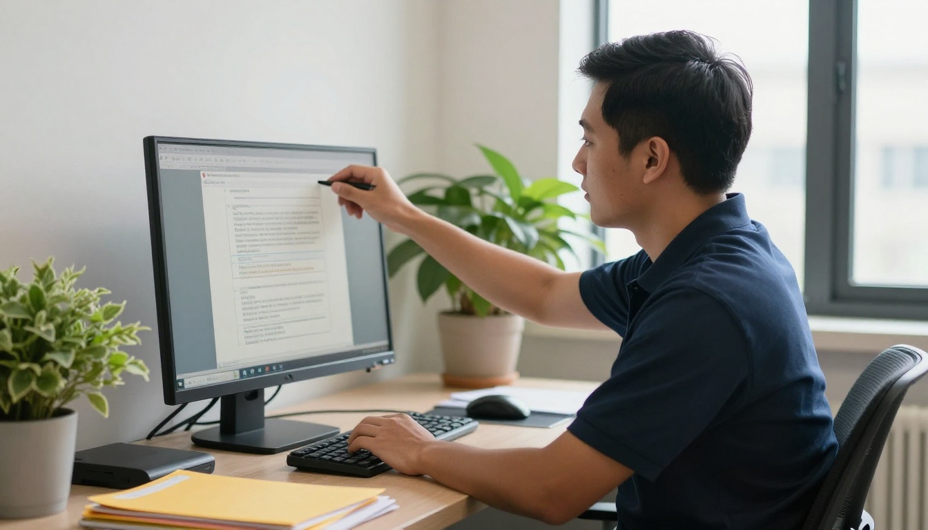 Teacher uploading a PDF at a desk in a school office