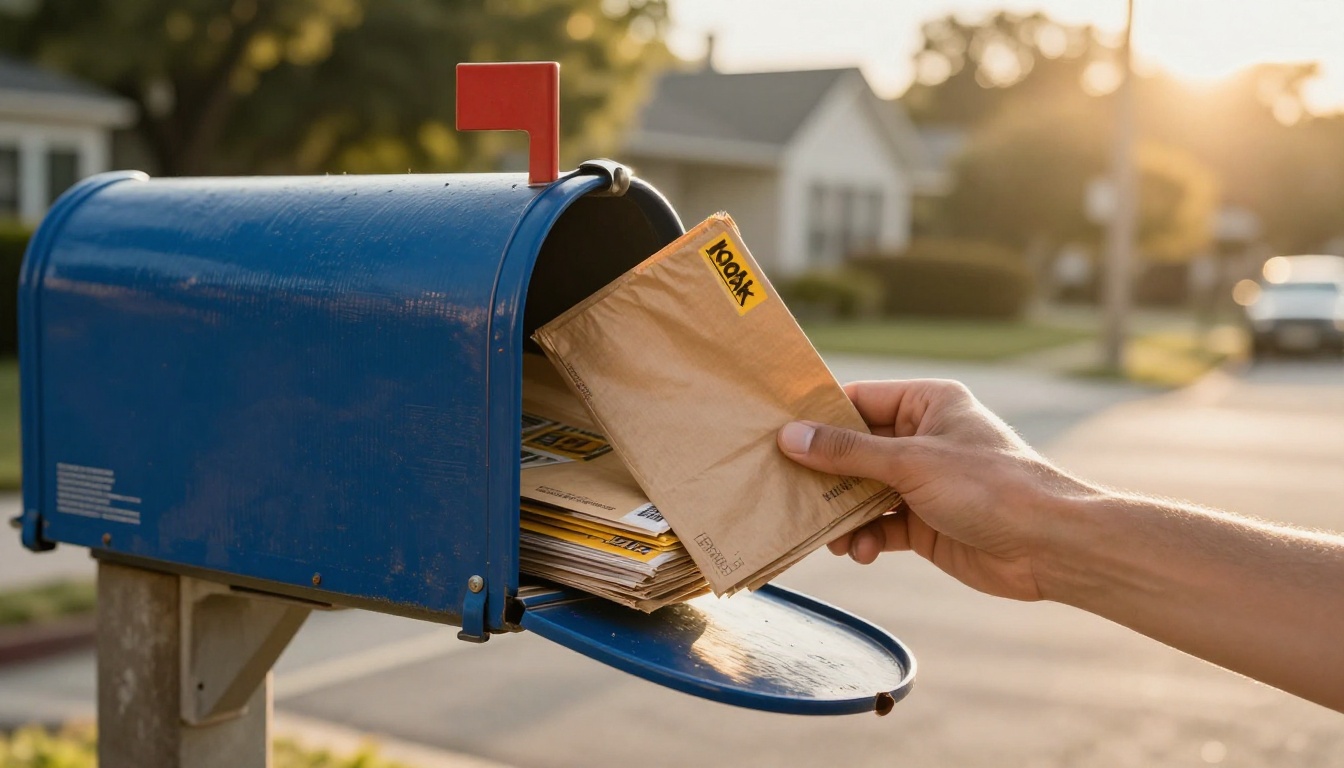 Hand dropping a bundle of catalogs into a weathered blue mailbox on a quiet street