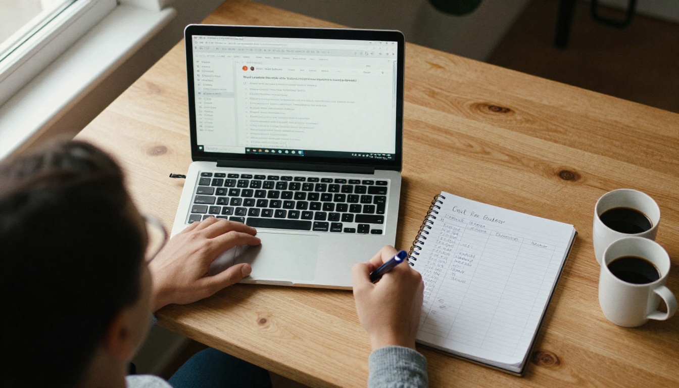 Planning cost per order at a wooden desk with a laptop and notebook