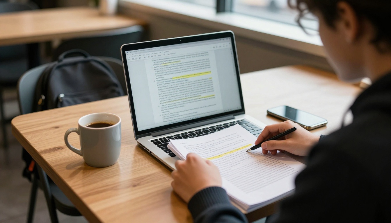Student reading a scanned article with highlighted passages on a laptop