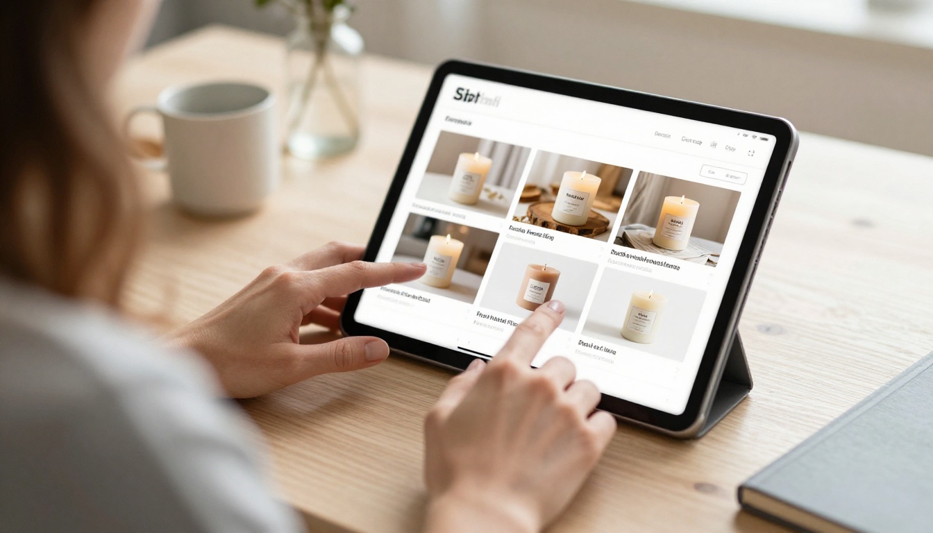 Customer swiping through a digital product catalog on a tablet at a kitchen table
