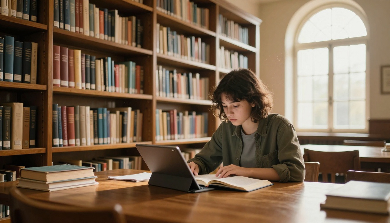 A university student reading an ebook on a tablet in a library A university student reading an ebook on a tablet in a library