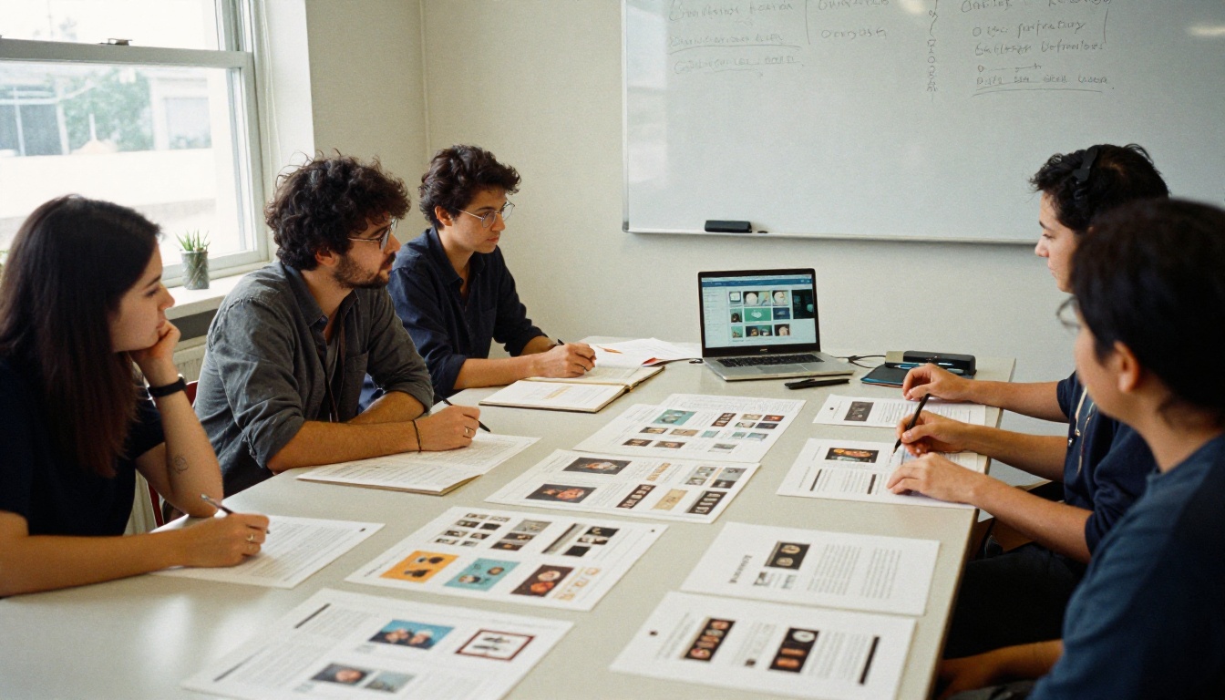 Instructional designer and teacher reviewing page layouts at a table