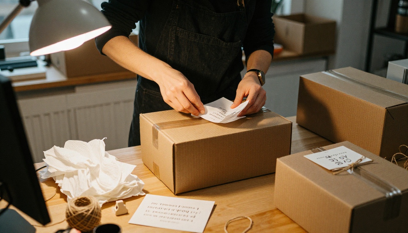 Boutique owner packing a customer order with tissue paper and twine