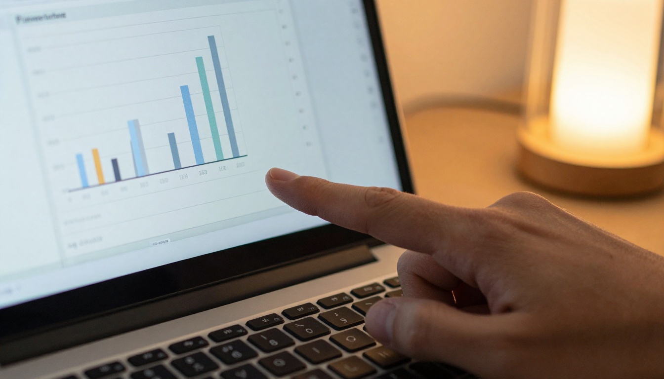 Hand pointing at numbers on a laptop dashboard beside a notebook of tally marks