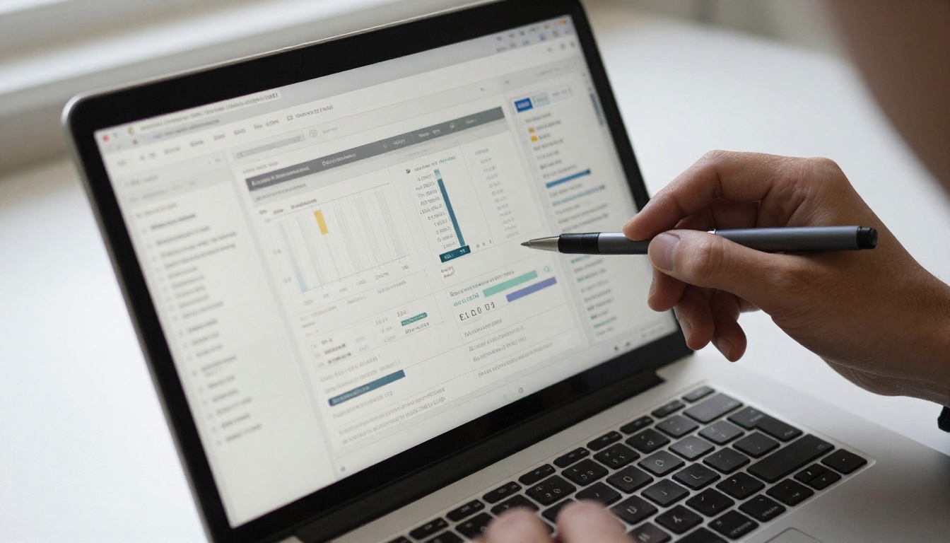 Reviewing campaign analytics on a laptop with printed reports and a pen