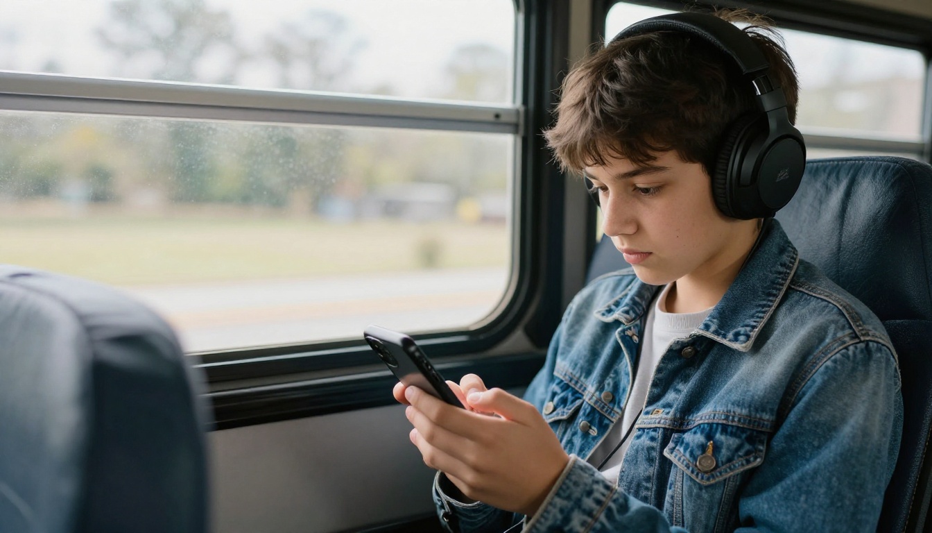 Student with headphones reading on a smartphone on a bus seat