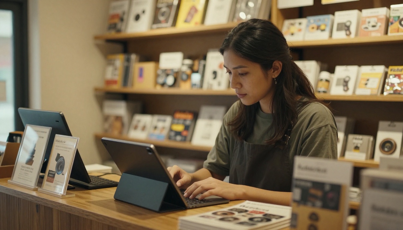 A small business owner showing a digital catalog on a tablet to a customer at a shop counter A small business owner showing a digital catalog on a tablet to a customer at a shop counter