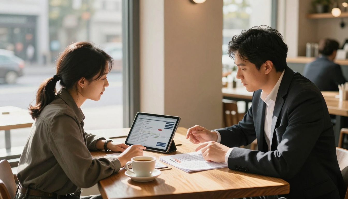 Two business partners comparing a printed catalog and a tablet flipbook over coffee