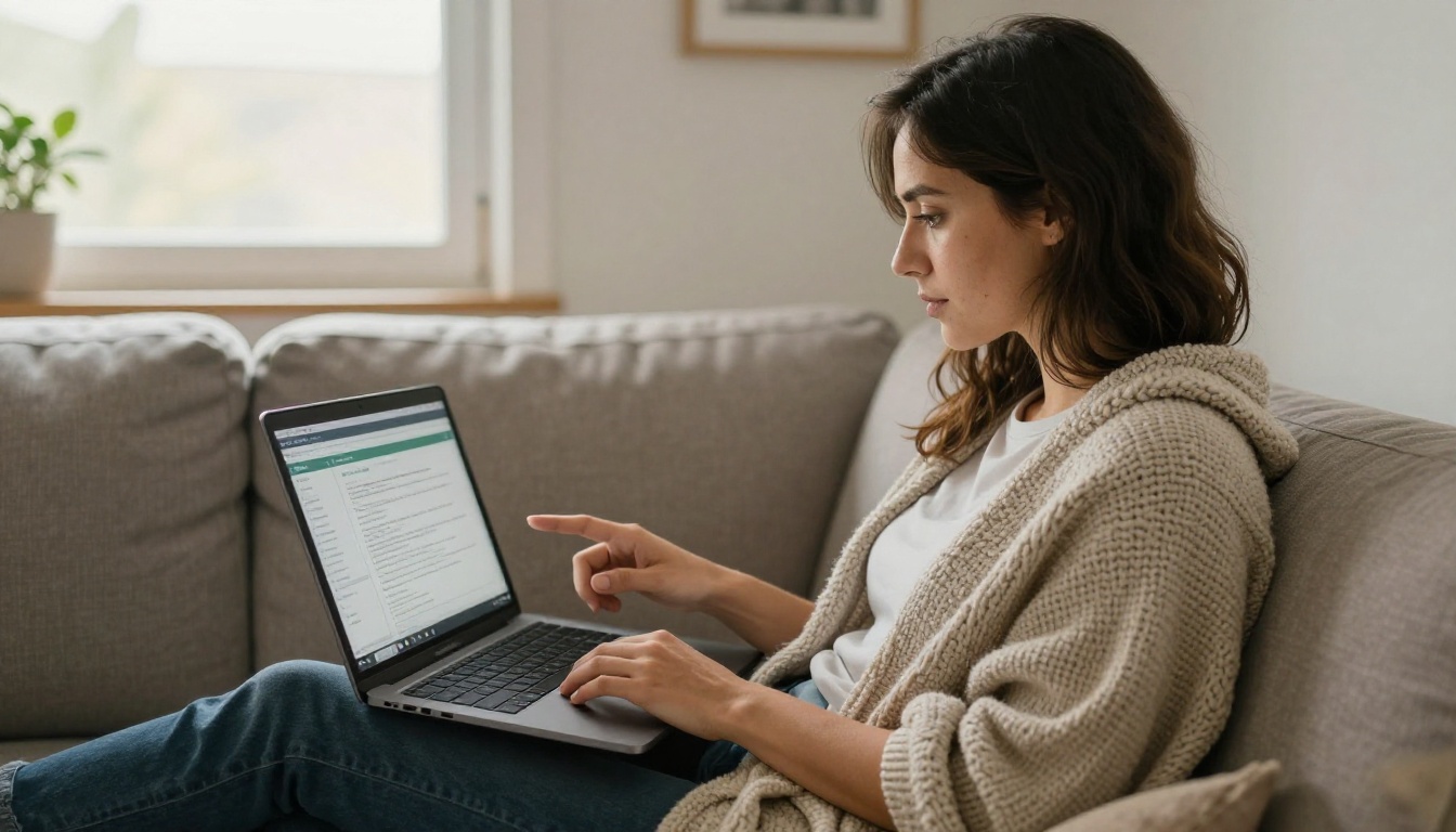 A woman on a sofa with a laptop sharing a document link in a cozy living room A woman on a sofa with a laptop sharing a document link in a cozy living room