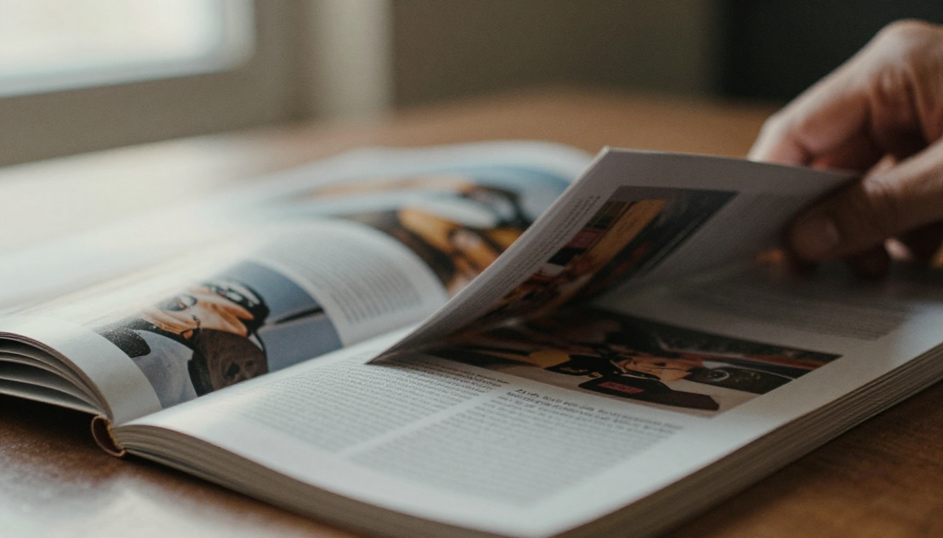 An open printed magazine with a hand turning the page An open printed magazine with a hand turning the page