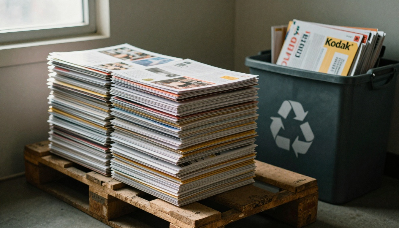 A pallet of unsold printed catalogs beside a recycling bin of unopened mailers