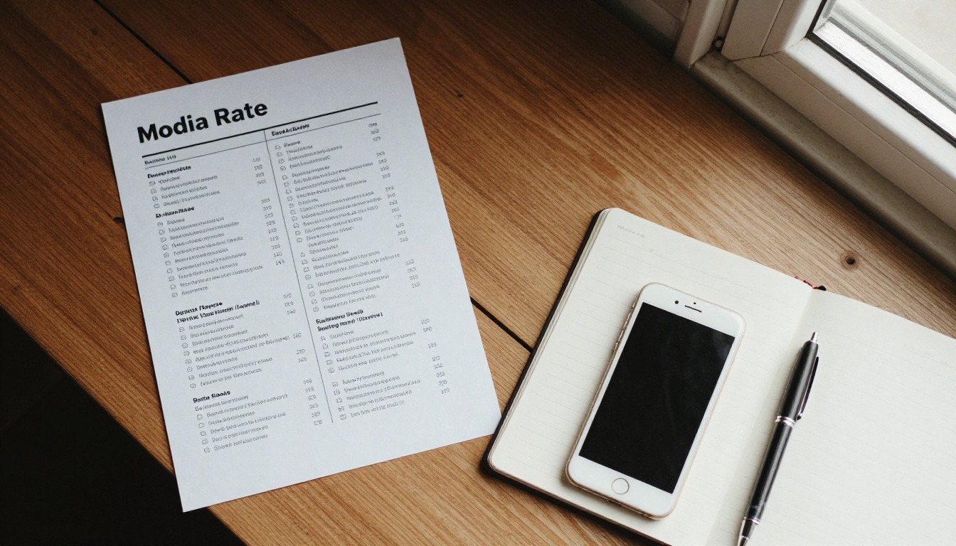 Printed media kit and rate card laid side by side on a wooden desk