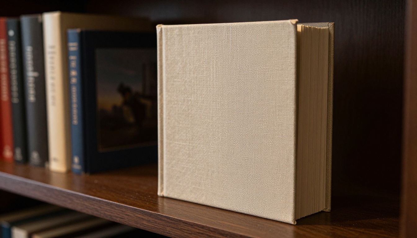 Low-angle view of a linen hardback photo book standing on a dark walnut shelf Low-angle view of a linen hardback photo book standing on a dark walnut shelf
